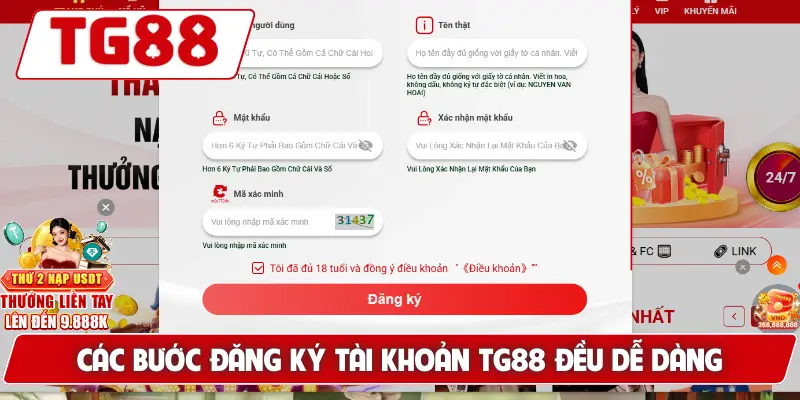 Các bước đăng ký tài khoản TG88 đều dễ dàng